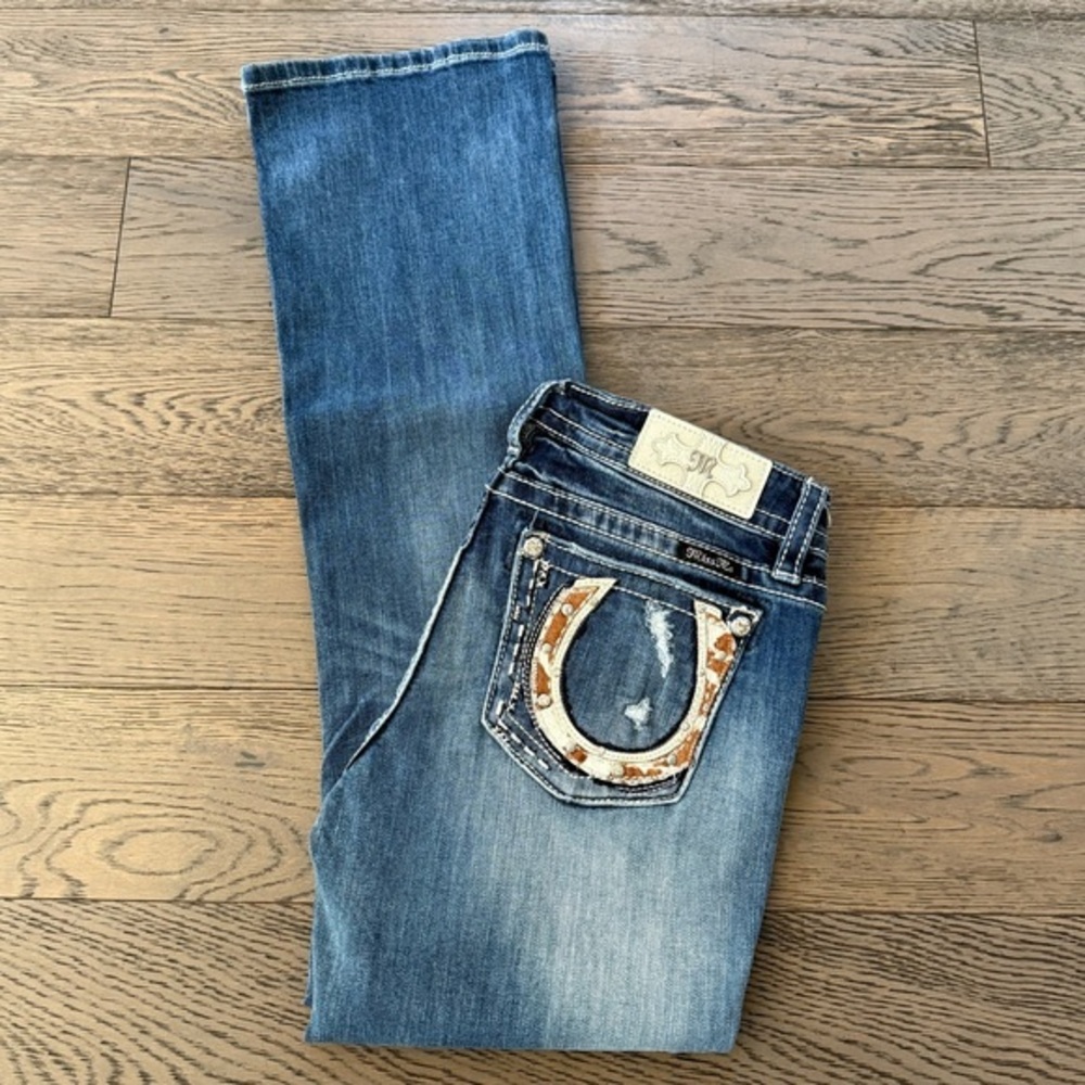 Miss Me Women's Boot Cut Jeans - Blue with Brown Embellishment